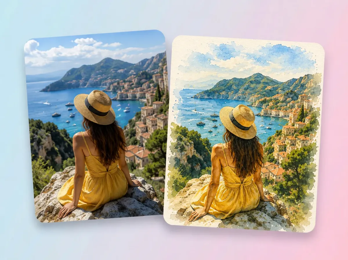 Fotos de paisajes transformadas en arte de viaje en acuarela